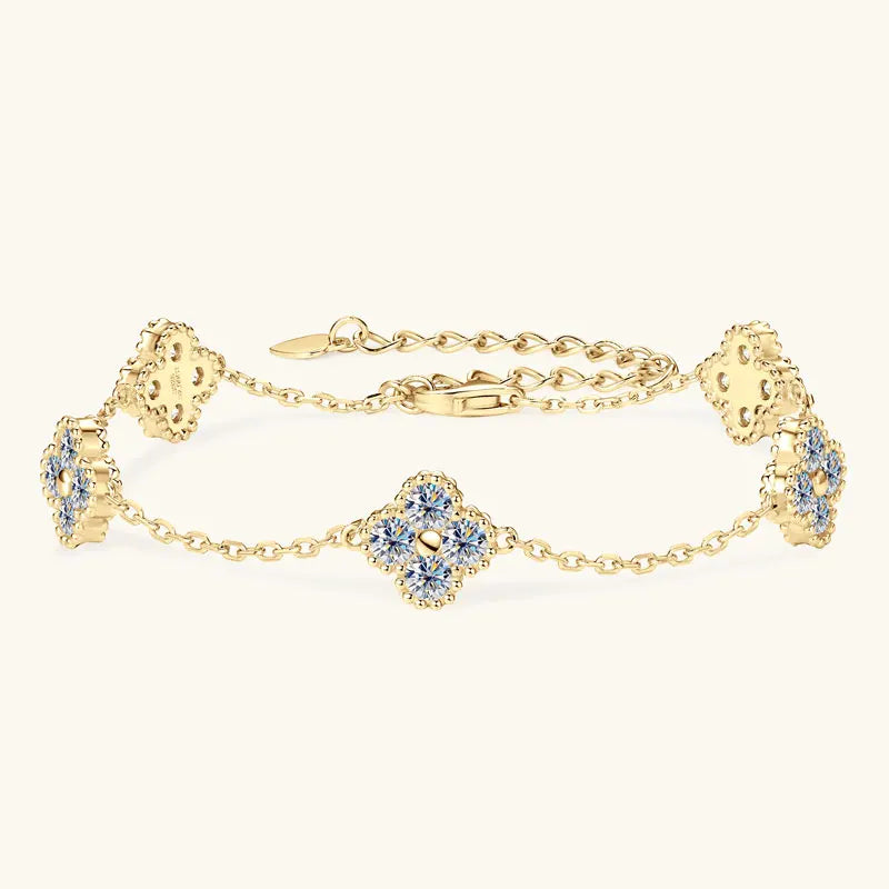 18k Gold Plated Silver Flower Clover  Moissanite Bracelet