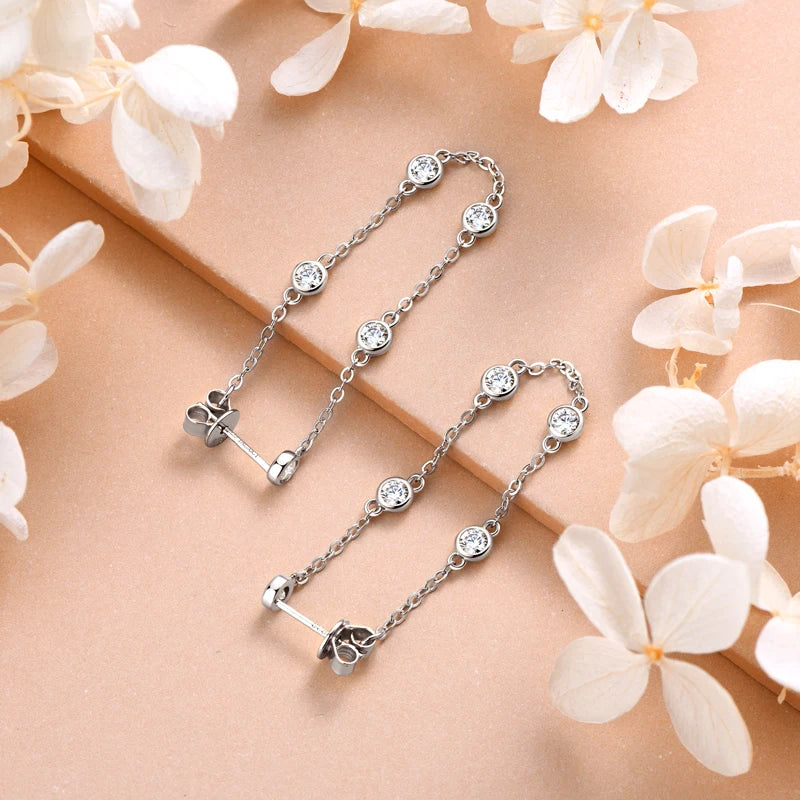 Women's Sterling Silver Long Chain Moissanite Drop Earrings