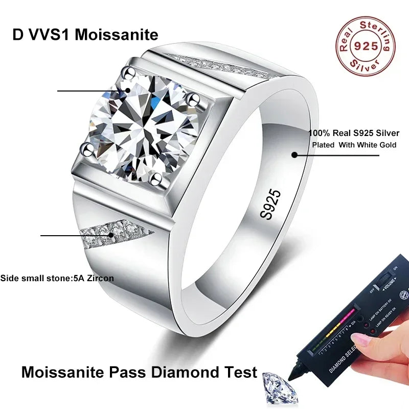 Mens Silver Lab Diamond Gold Plated Moissanite Ring