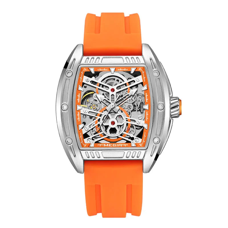 Orange Automatic Watch for Men, Military Sport Tonneau Dial.