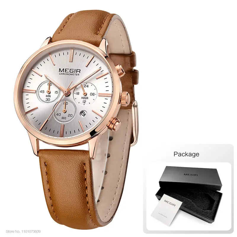 Chronograph Date Indicator Brown Leather Strap Quartz Watch for Women.