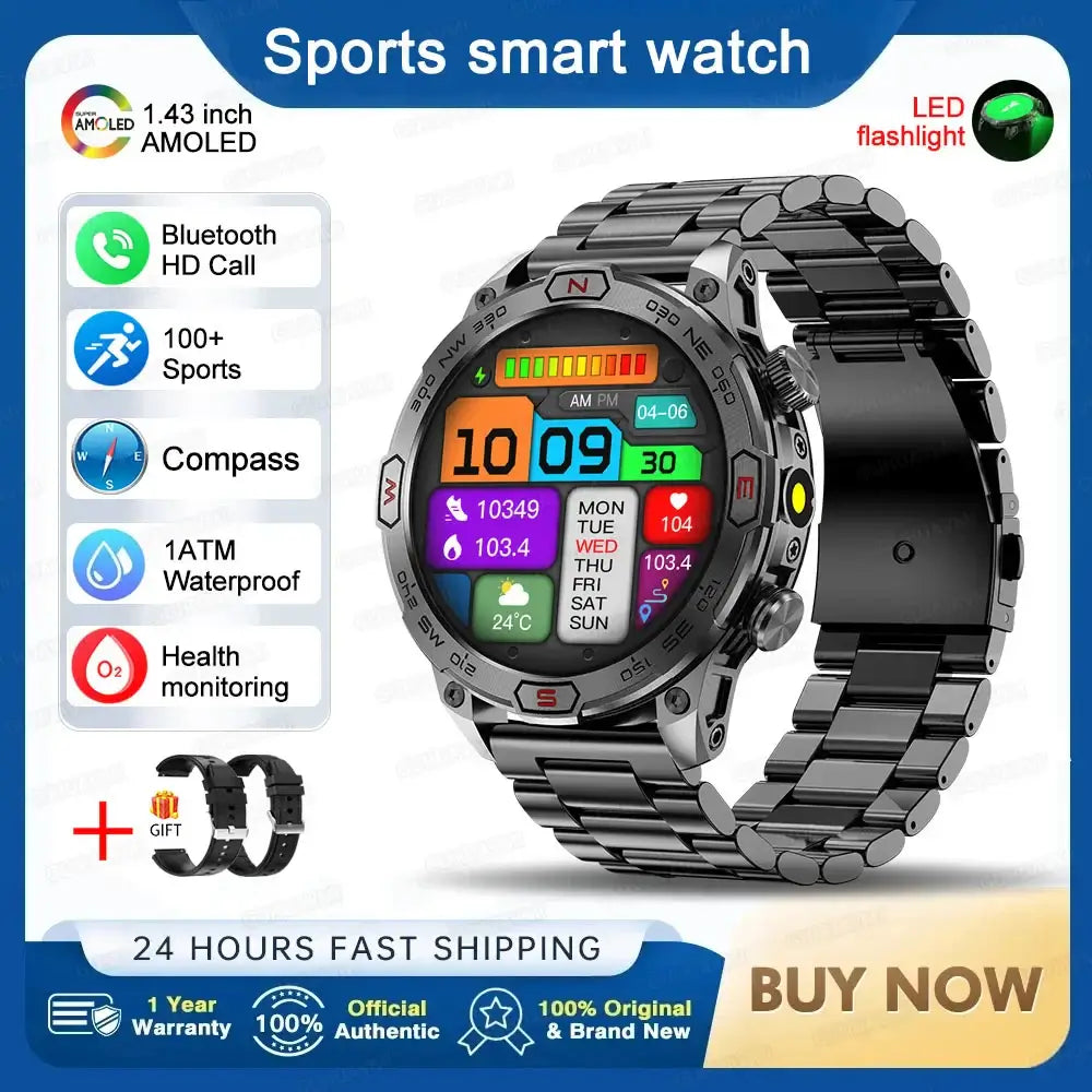 Smart Watch Mens 1.43-Inch HD AMOLED Screen GPS Compass Bluetooth. fashion smart Watch,Fit Bit Mens Watch,Mens Smart Watch