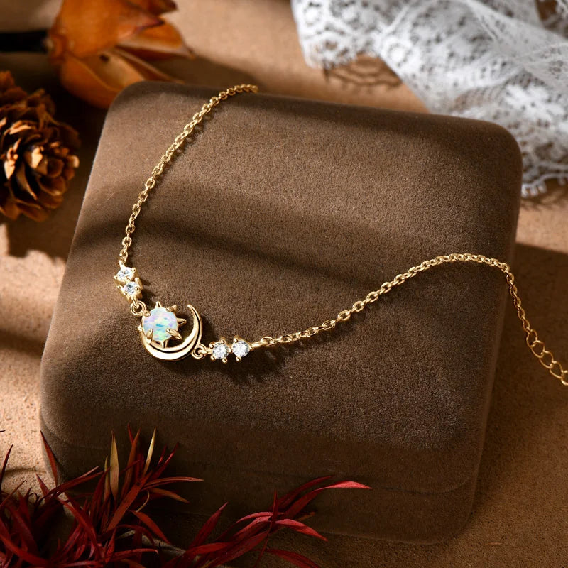 Womens White Silver Chain Opal Sun and Moon Bracelet