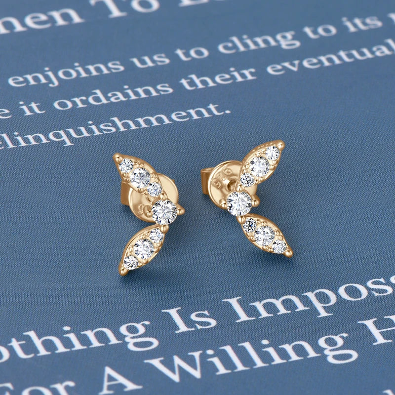 Womens Leaf-shape Moissanite Silver Mini Studs Earrings
