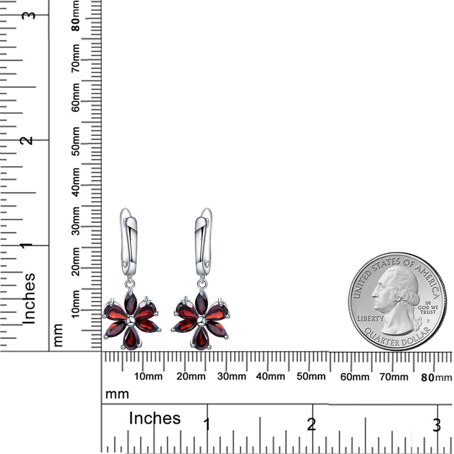 Women's Sterling Silver Flower Design Garnet Drop Earrings