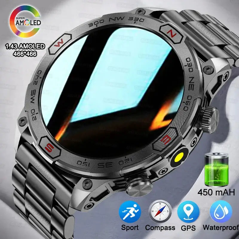 Smart Watch Mens 1.43-Inch HD AMOLED Screen GPS Compass Bluetooth. fashion smart Watch,Fit Bit Mens Watch,Mens Smart Watch