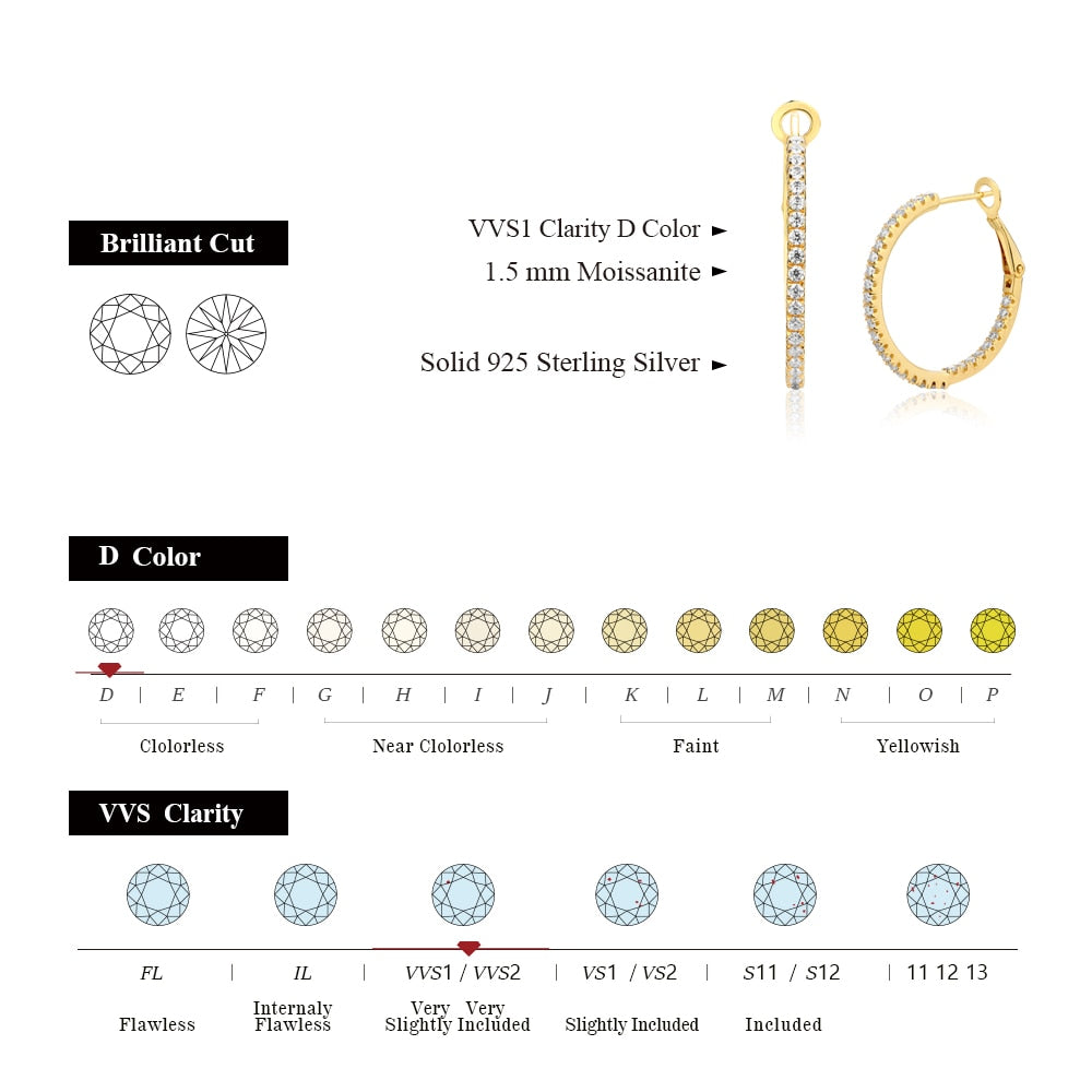 Moissanite Hoop Earrings for Women 925 Sterling Silver Plated.