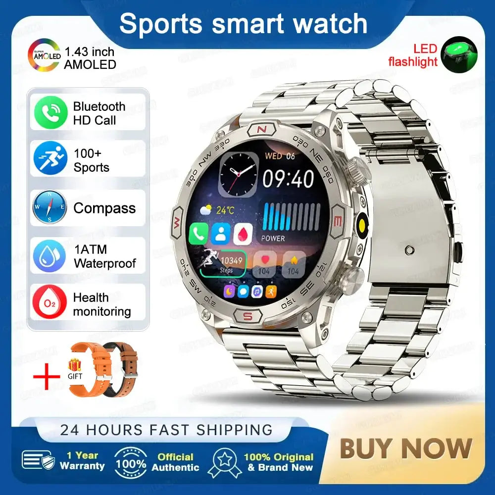 Smart Watch Mens 1.43-Inch HD AMOLED Screen GPS Compass Bluetooth. fashion smart Watch,Fit Bit Mens Watch,Mens Smart Watch