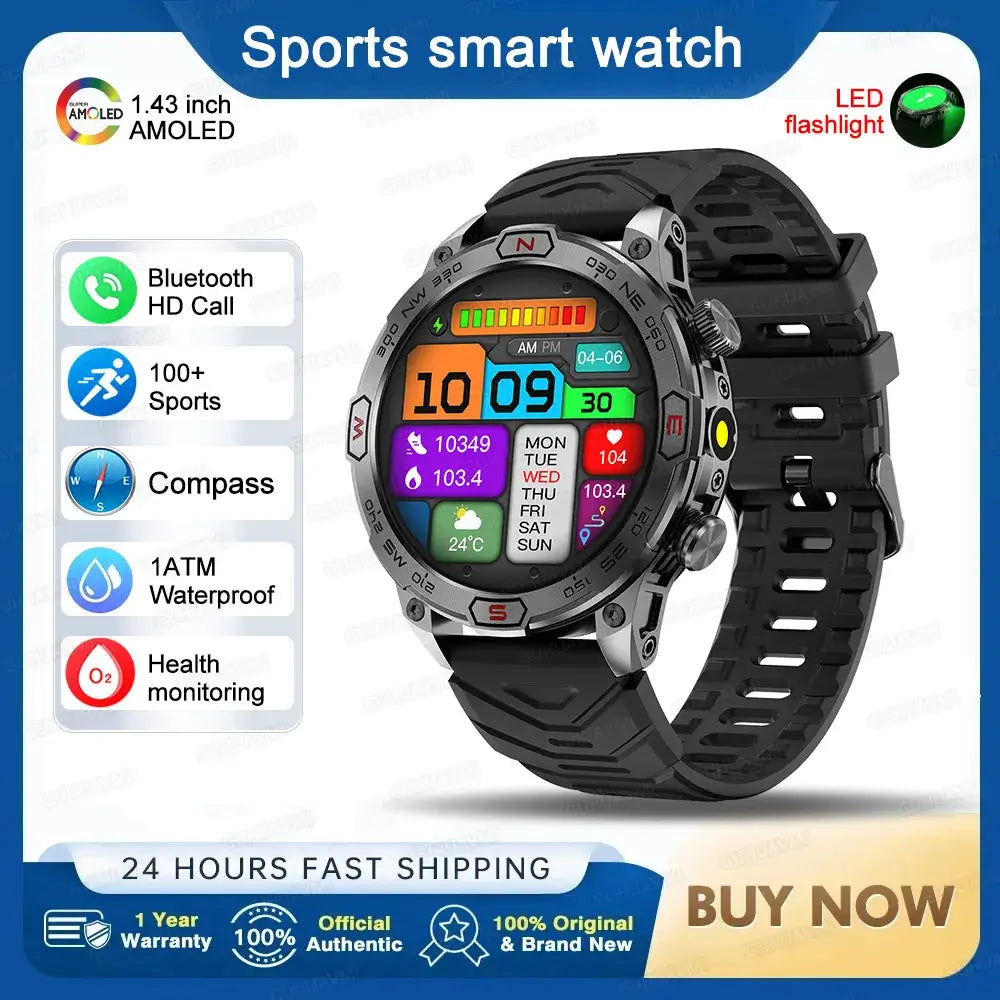 Smart Watch Mens 1.43-Inch HD AMOLED Screen GPS Compass Bluetooth. fashion smart Watch,Fit Bit Mens Watch,Mens Smart Watch