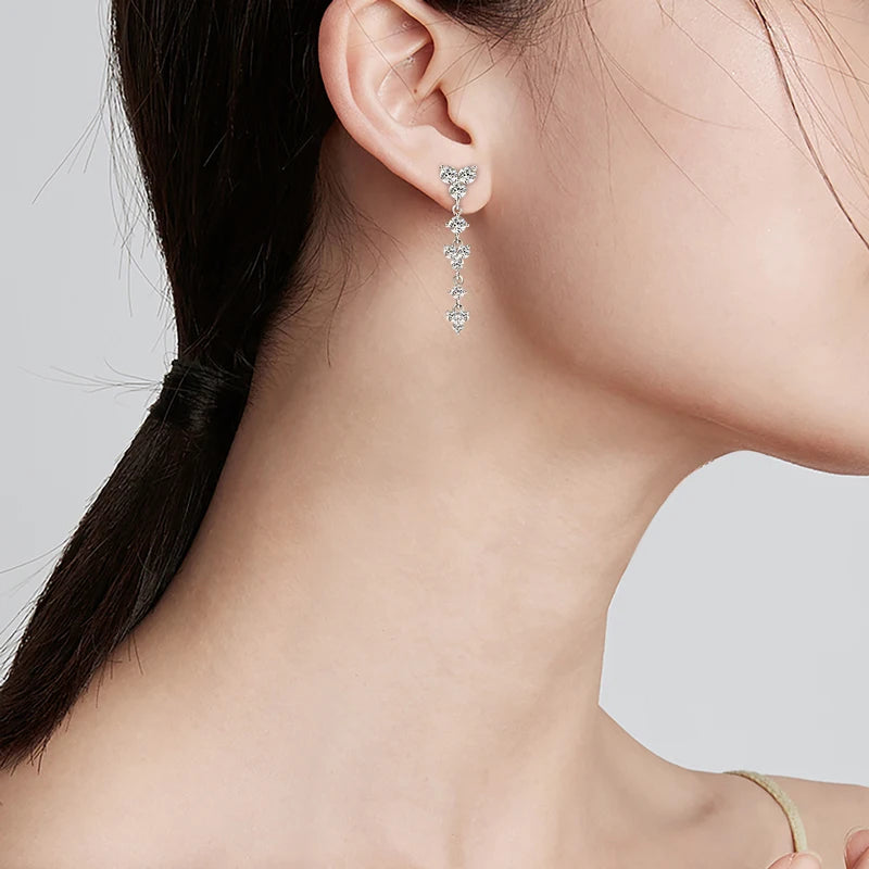 Women's 925 Silver Moissanite Long Drop Studs   Earrings