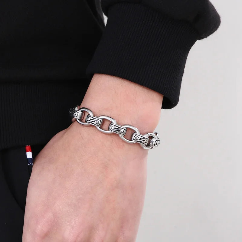 Vintage Stainless Steel Pattern Bracelet for Men 12MM Punk