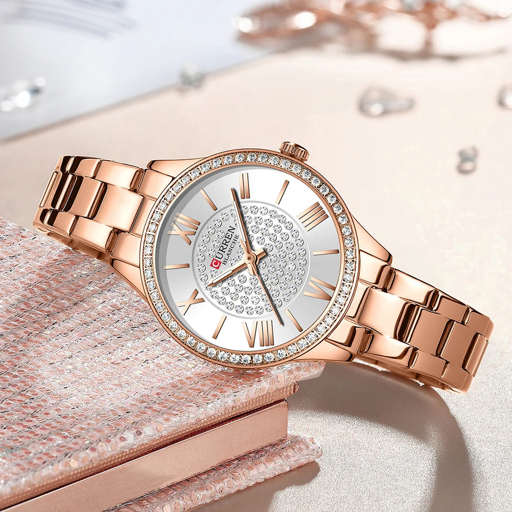 Womens  Stainless Steel Rose Gold Luminous Quartz watch