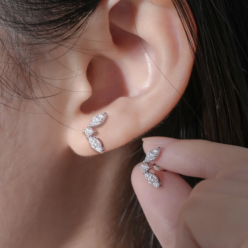 Womens Leaf-shape Moissanite Silver Mini Studs Earrings