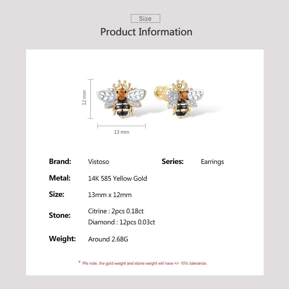 14K 585 Yellow Gold Bee Earrings For Women Citrine Diamond.