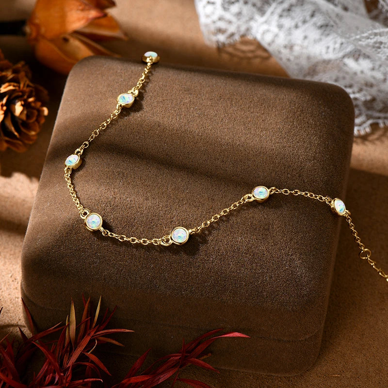 Womens Bezel Silver Adjustable Chain Opal Bracelet