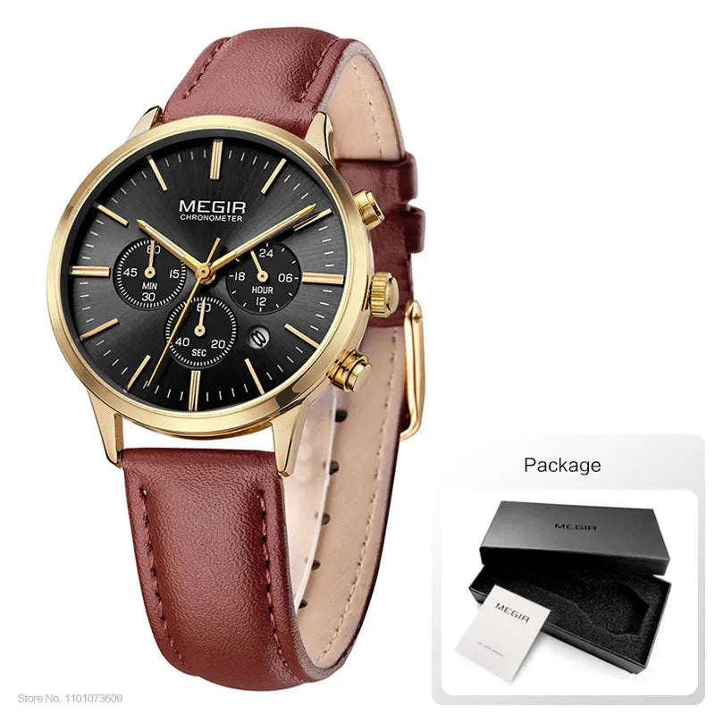 Chronograph Date Indicator Brown Leather Strap Quartz Watch for Women.