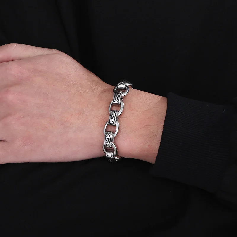 Vintage Stainless Steel Pattern Bracelet for Men 12MM Punk