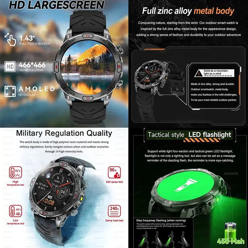 Smart Watch Mens 1.43-Inch HD AMOLED Screen GPS Compass Bluetooth. fashion smart Watch,Fit Bit Mens Watch,Mens Smart Watch