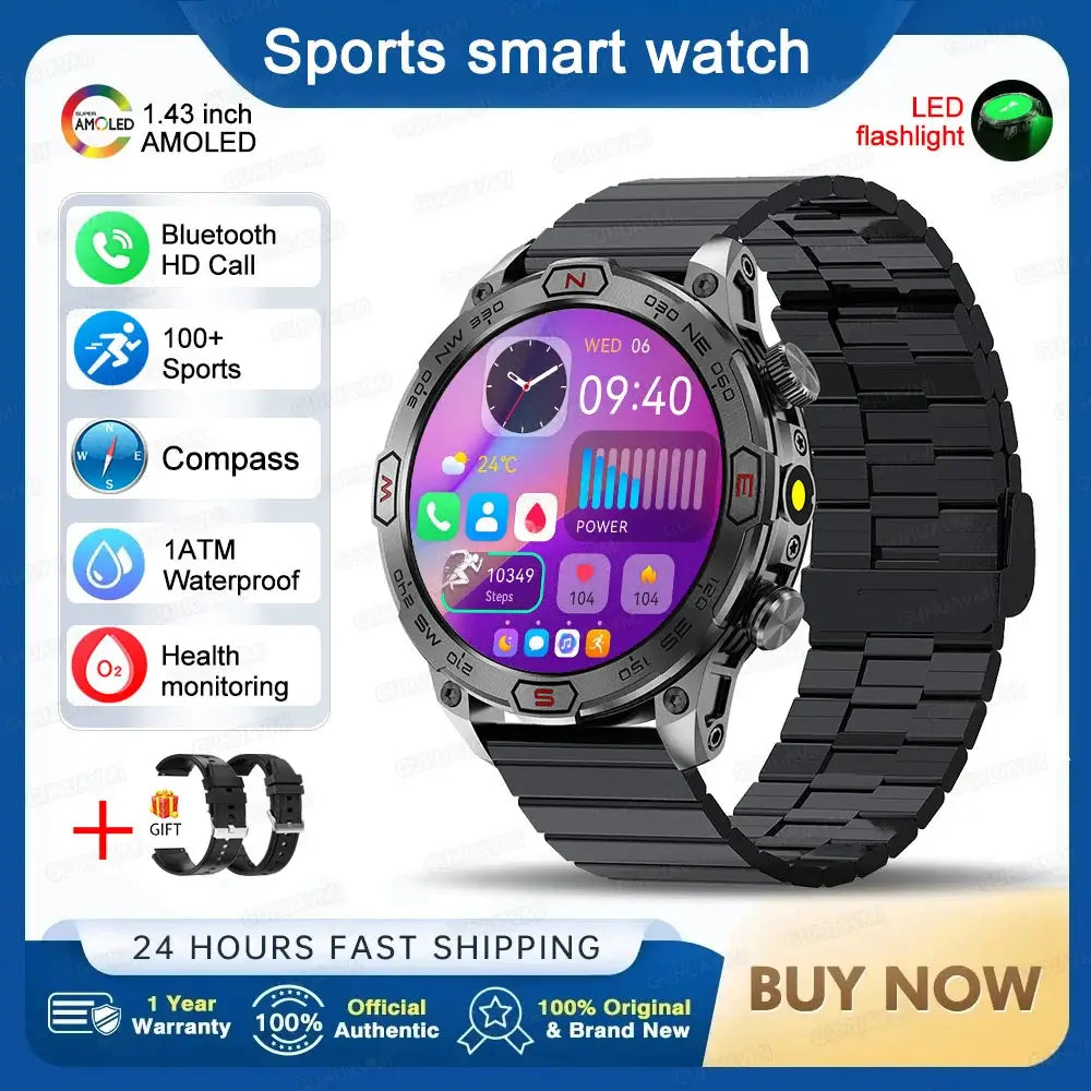 Smart Watch Mens 1.43-Inch HD AMOLED Screen GPS Compass Bluetooth. fashion smart Watch,Fit Bit Mens Watch,Mens Smart Watch