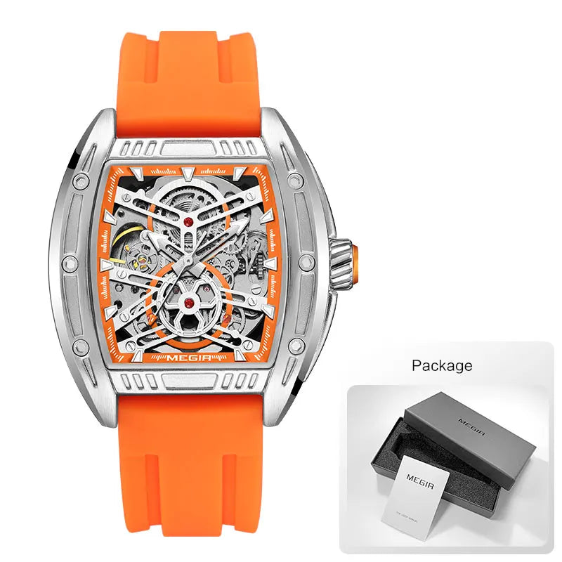 Orange Automatic Watch for Men, Military Sport Tonneau Dial.