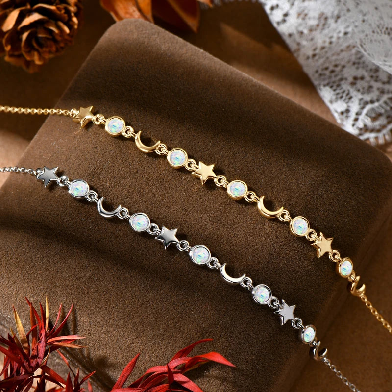 Opal 925 Silver Chain Moon Star BraceletsS for Women