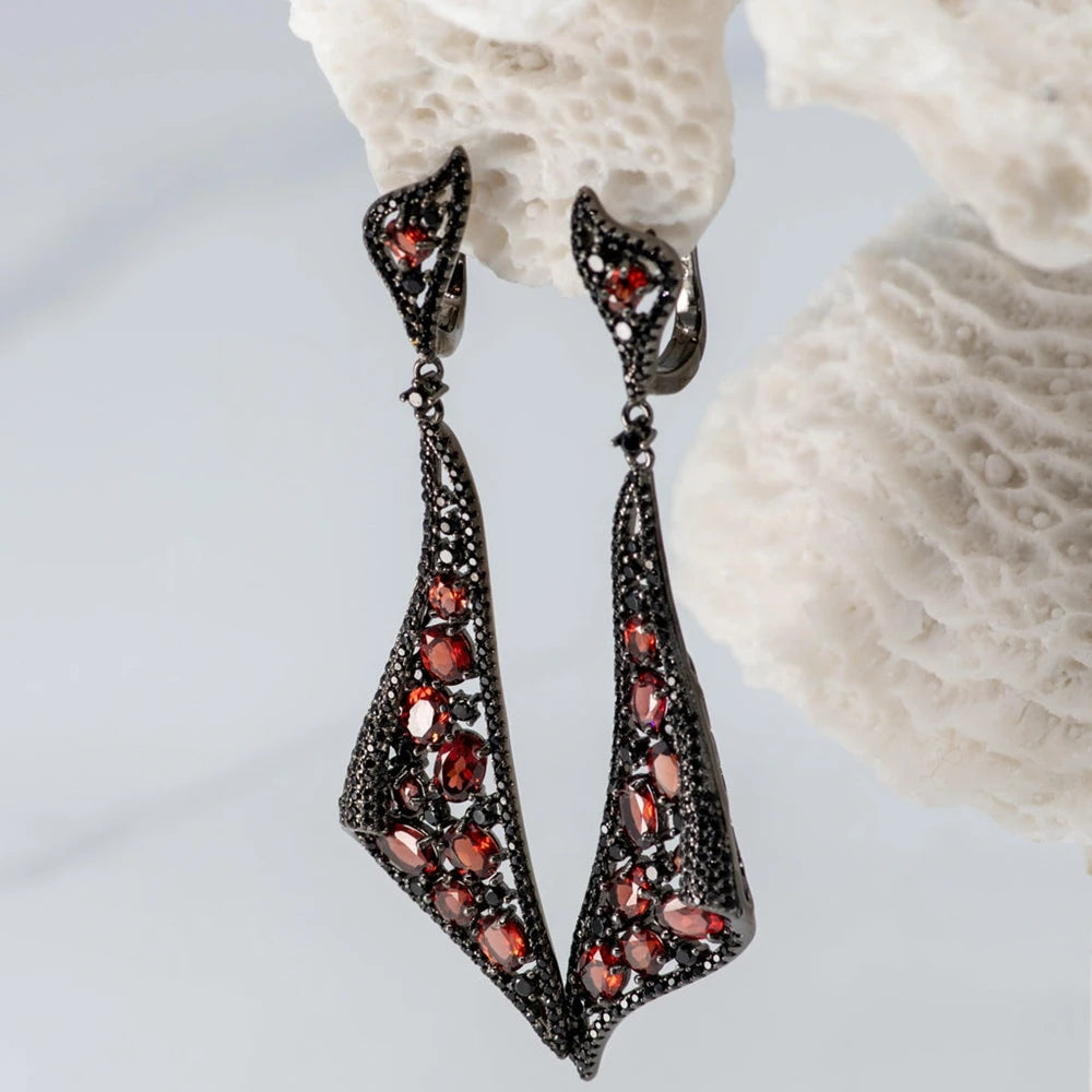 Sterling Sliver Vintage Gothic Red Garnet Gemstone  Earrings