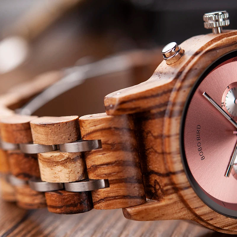 Women Chronograph Watch With Auto Date Versatile Wooden Timepieces.