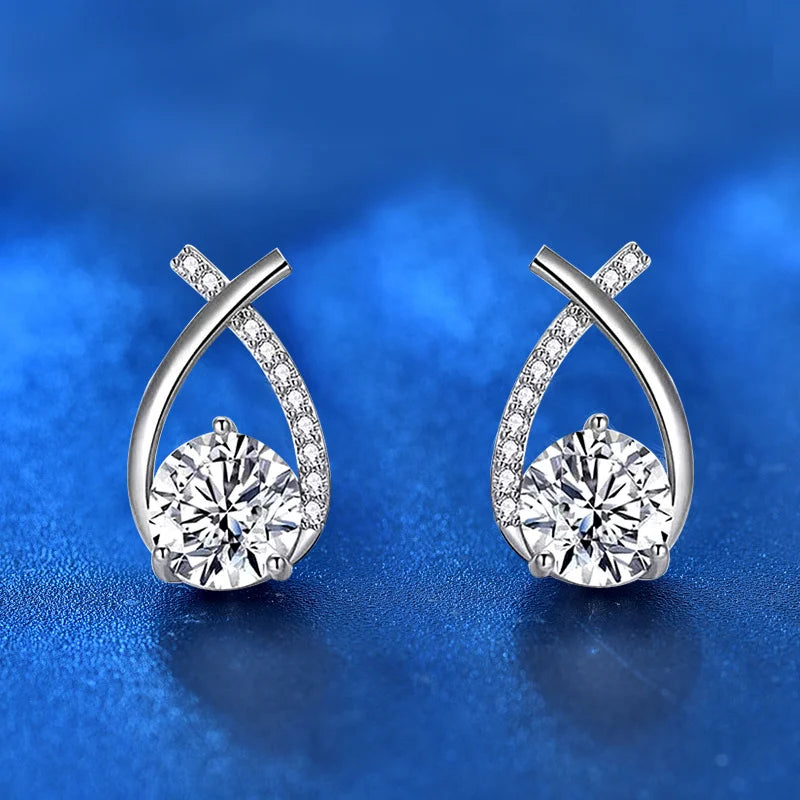 Silver Stud Earrings Moissanite Fishtail Cross Earrings
