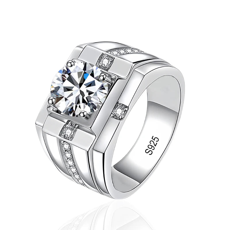 Mens 925 Sterling Silver Engagement Moissanite Ring