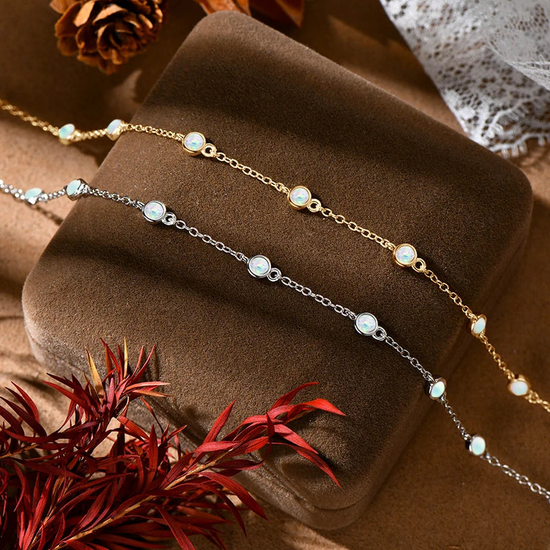 Womens Bezel Silver Adjustable Chain Opal Bracelet