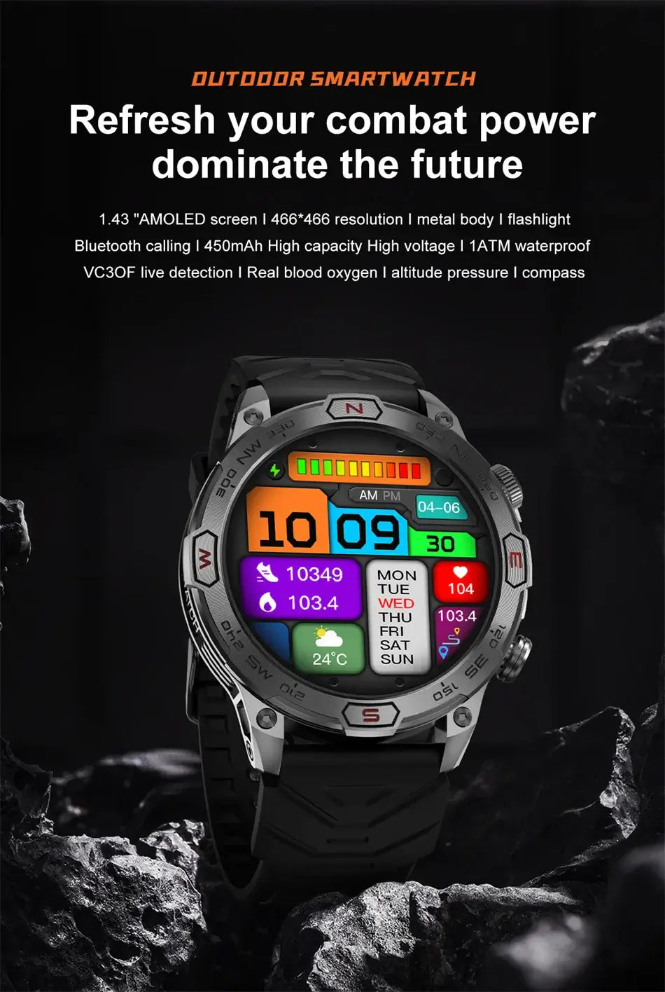 Smart Watch Mens 1.43-Inch HD AMOLED Screen GPS Compass Bluetooth. fashion smart Watch,Fit Bit Mens Watch,Mens Smart Watch