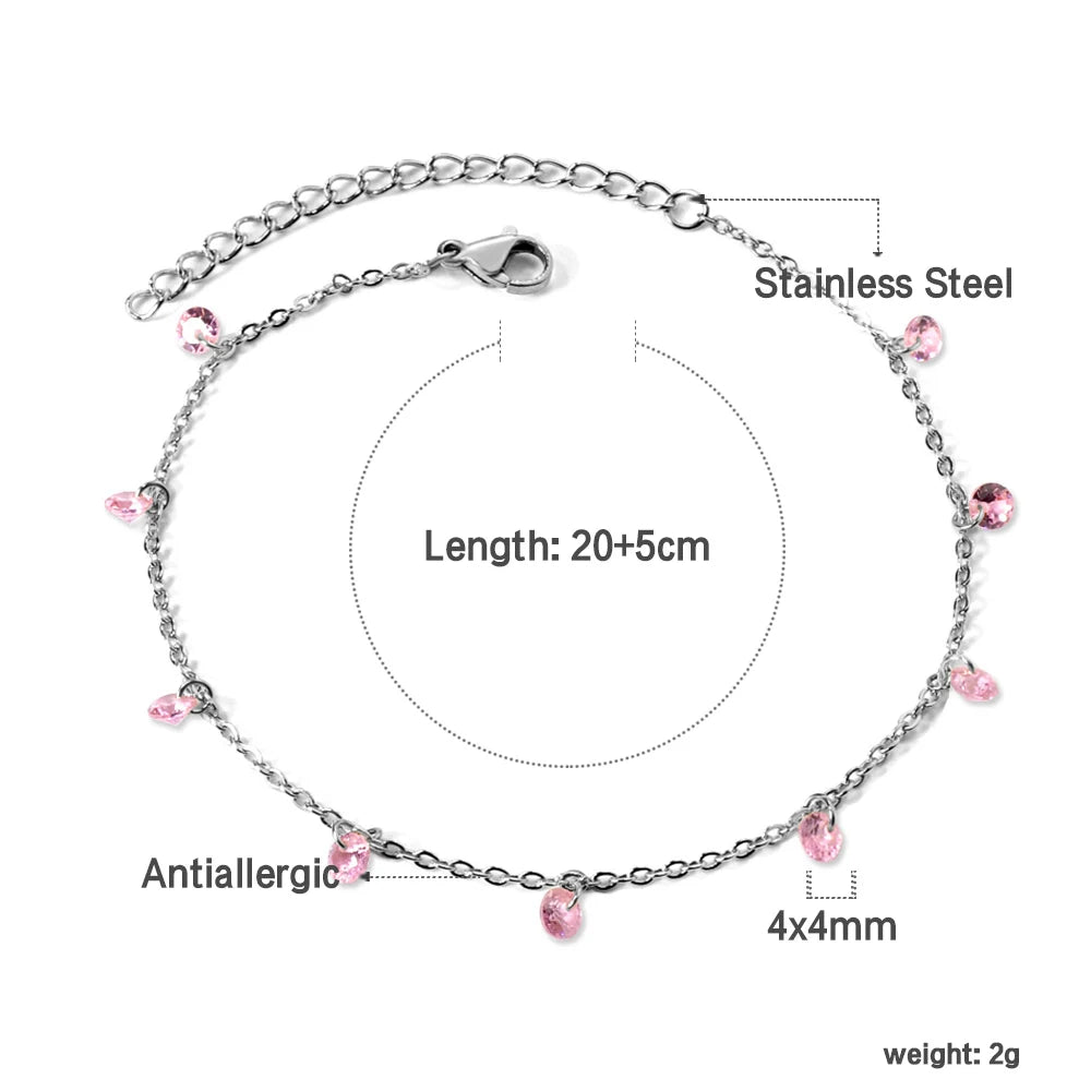 Stainless Steel Anklet for Women Cubic Zirconia Crystal Charm.