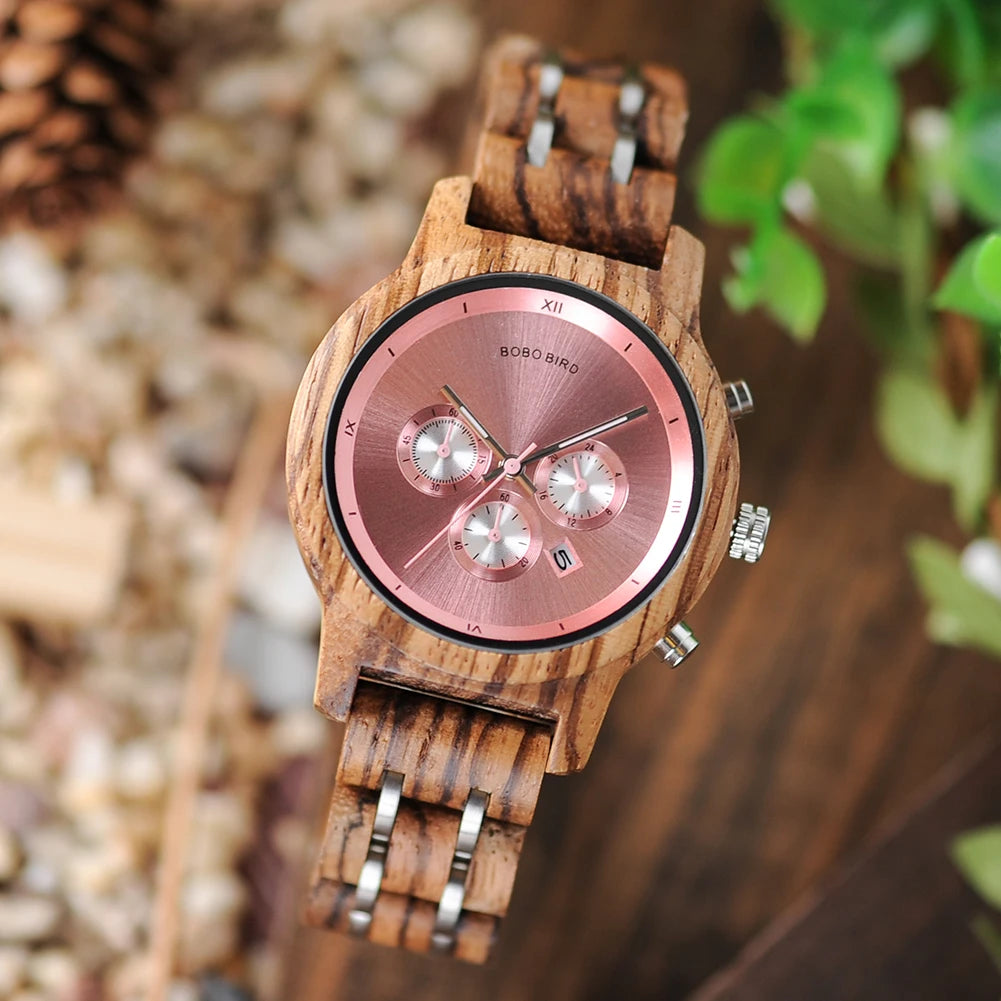 Women Chronograph Watch With Auto Date Versatile Wooden Timepieces.