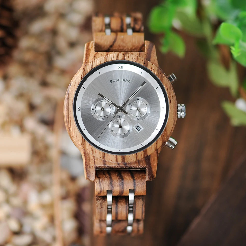 Women Chronograph Watch With Auto Date Versatile Wooden Timepieces.