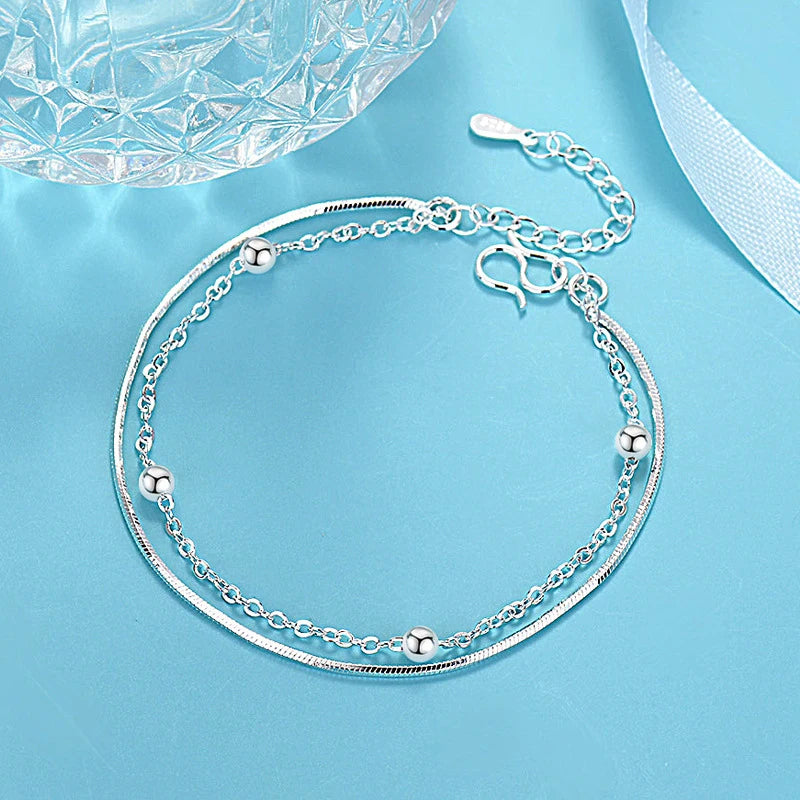 Women's Sterling Silver Bead Chain Double Layer Bracelet