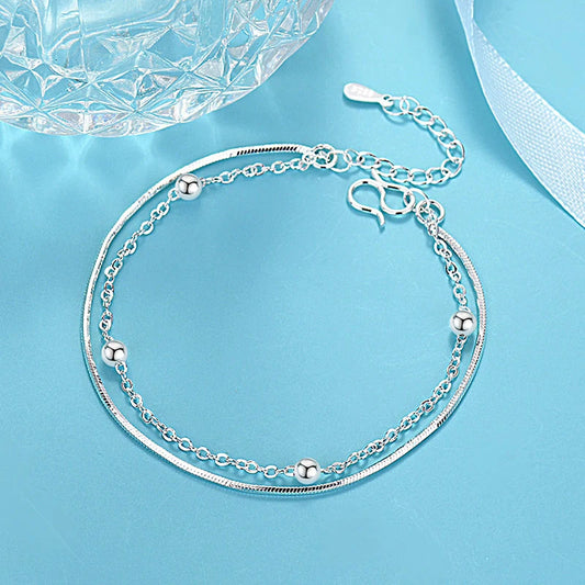 Women's Sterling Silver Bead Chain Double Layer Bracelet