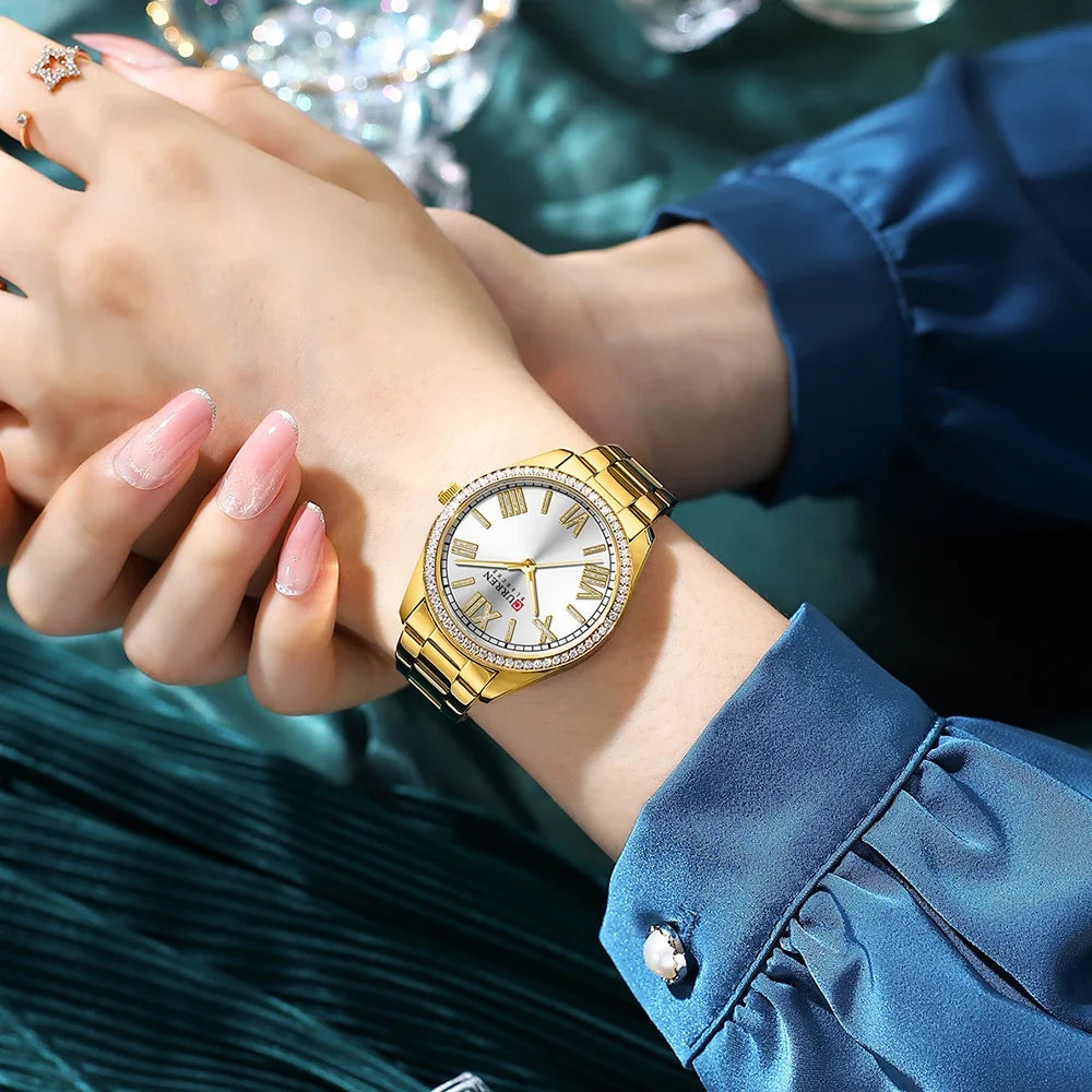 Ladies Stainless Steel Silver Rhinestone Dial Quartz Watch