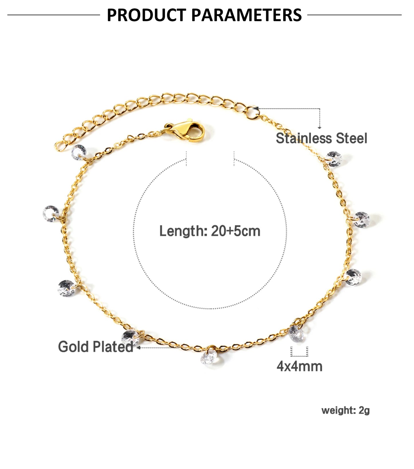 Stainless Steel Anklet for Women Cubic Zirconia Crystal Charm.