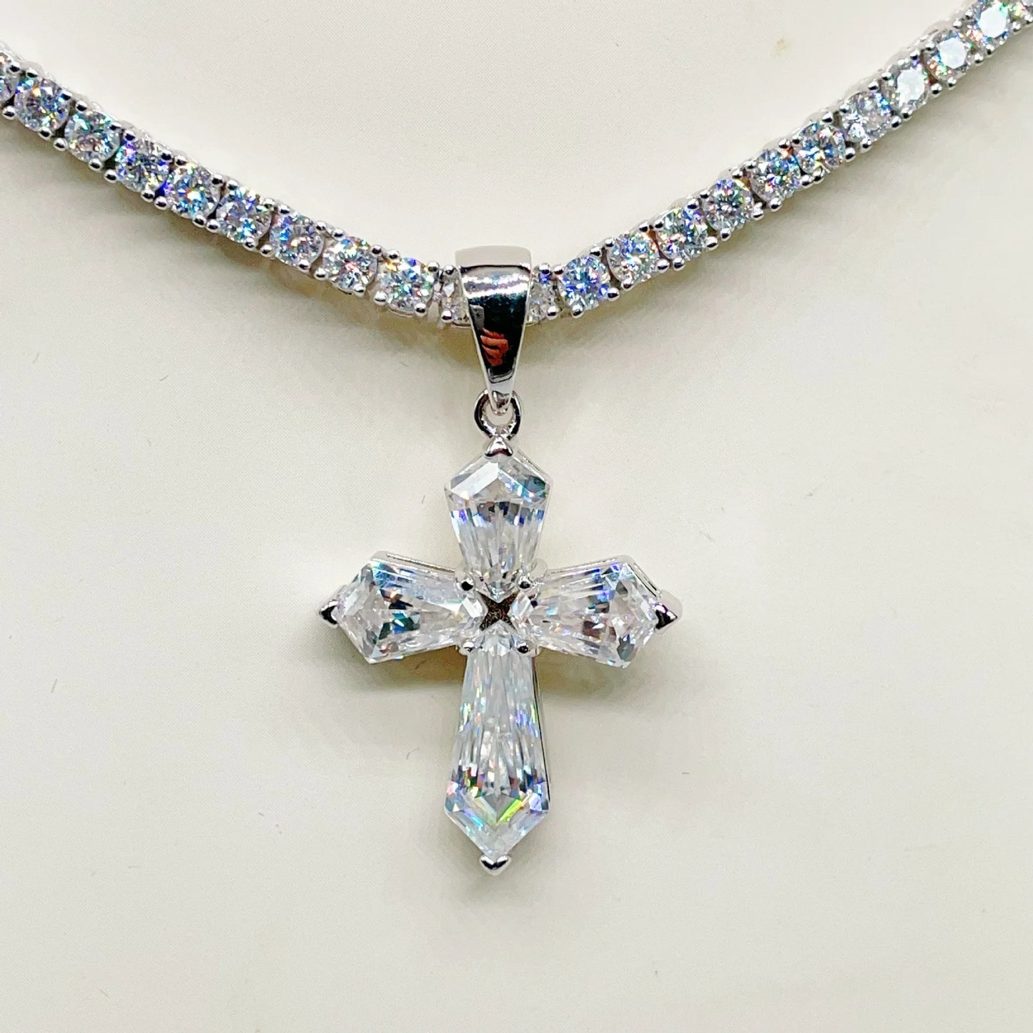 Iced D Color Moissanite Cross Tennis Necklace, Mens Sterling Silver.