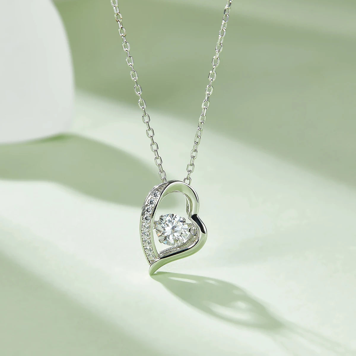 Women's Silver Moissanite Dancing Diamond  Heart Necklace