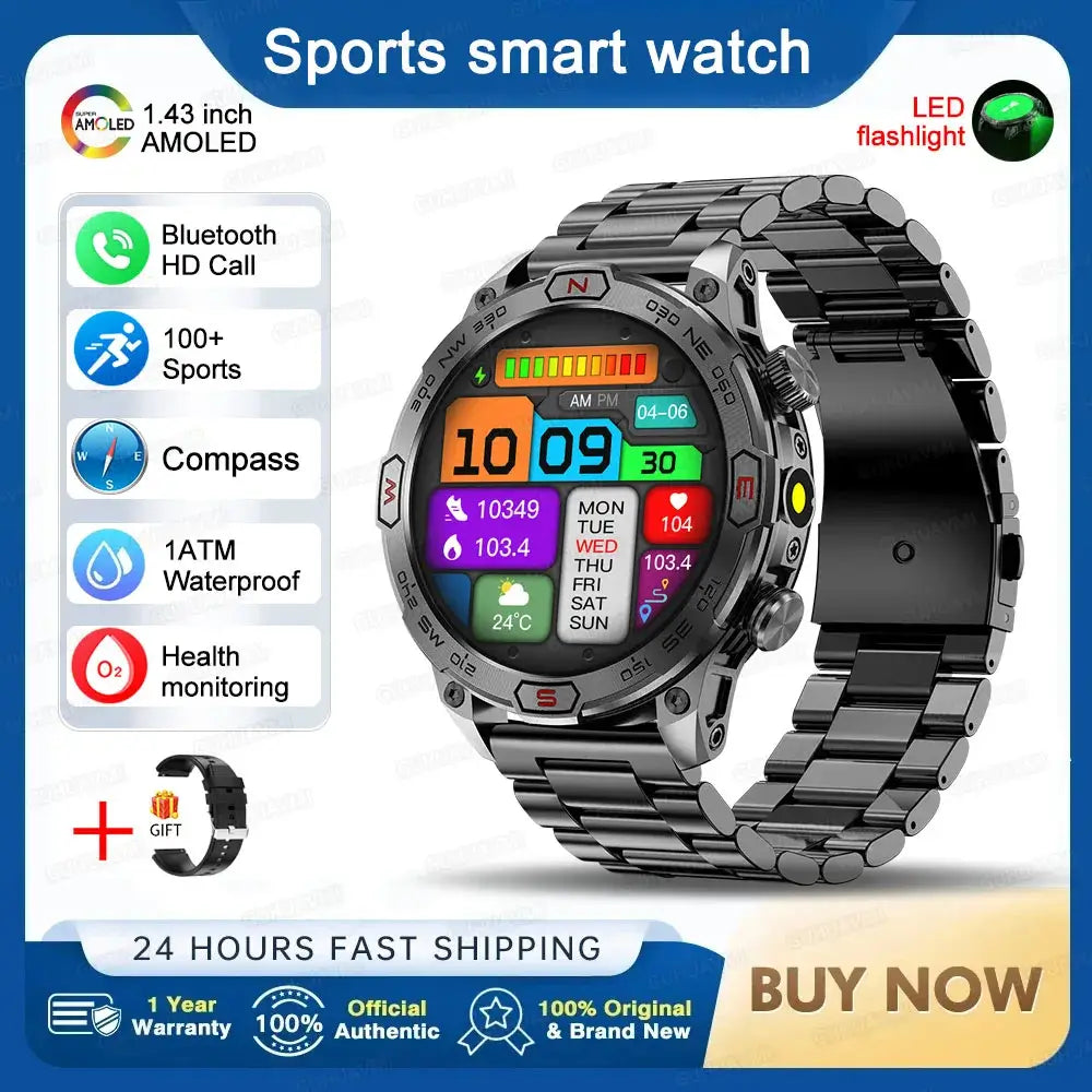 Smart Watch Mens 1.43-Inch HD AMOLED Screen GPS Compass Bluetooth. fashion smart Watch,Fit Bit Mens Watch,Mens Smart Watch