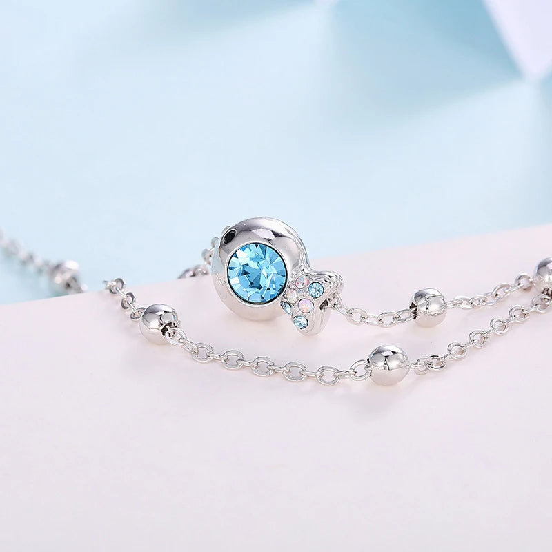 925 Sterling Silver Blue Zircon Double Layer Anklets