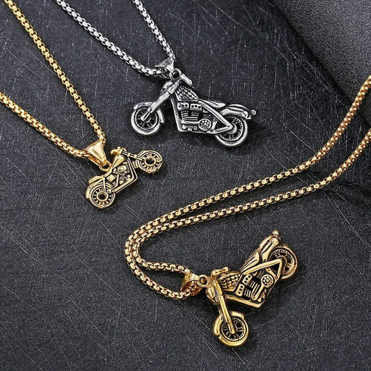 Stainless Steel Motorcycle Charm Pendant Necklace for Men.