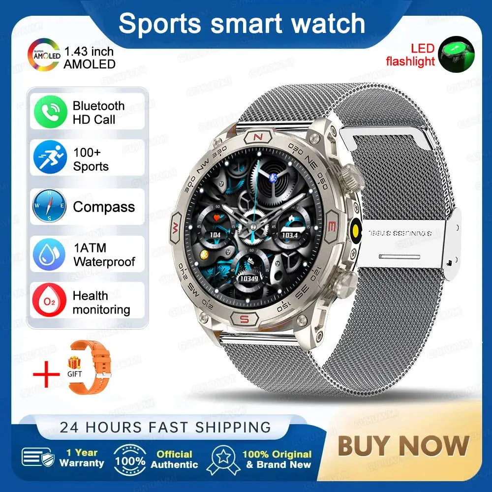 Smart Watch Mens 1.43-Inch HD AMOLED Screen GPS Compass Bluetooth. fashion smart Watch,Fit Bit Mens Watch,Mens Smart Watch