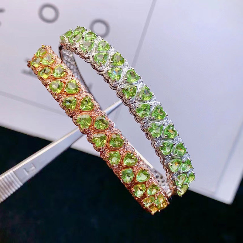 925 Silver Bangle Bracelet 23 Pieces Heart Shape Peridot Bracelet.