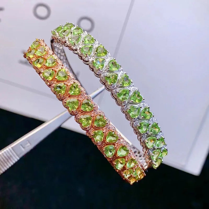 925 Silver Bangle Bracelet 23 Pieces Heart Shape Peridot Bracelet.