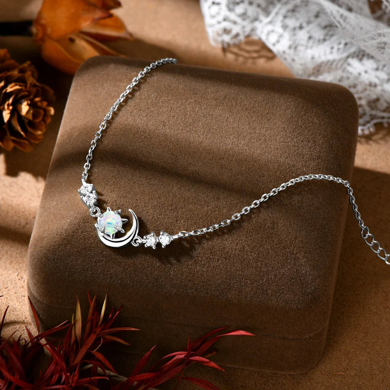 Womens White Silver Chain Opal Sun and Moon Bracelet