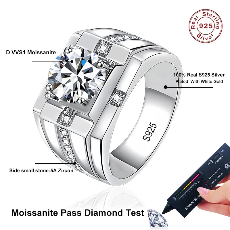Mens 925 Sterling Silver Engagement Moissanite Ring