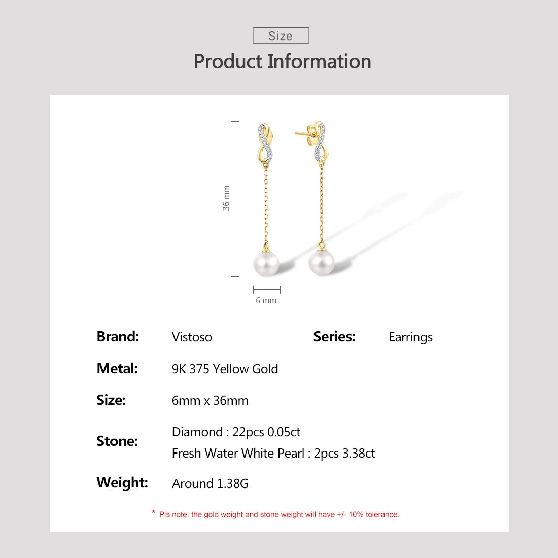 9K 375 Yellow Gold Earrings For Women Fresh Water White Pearl.