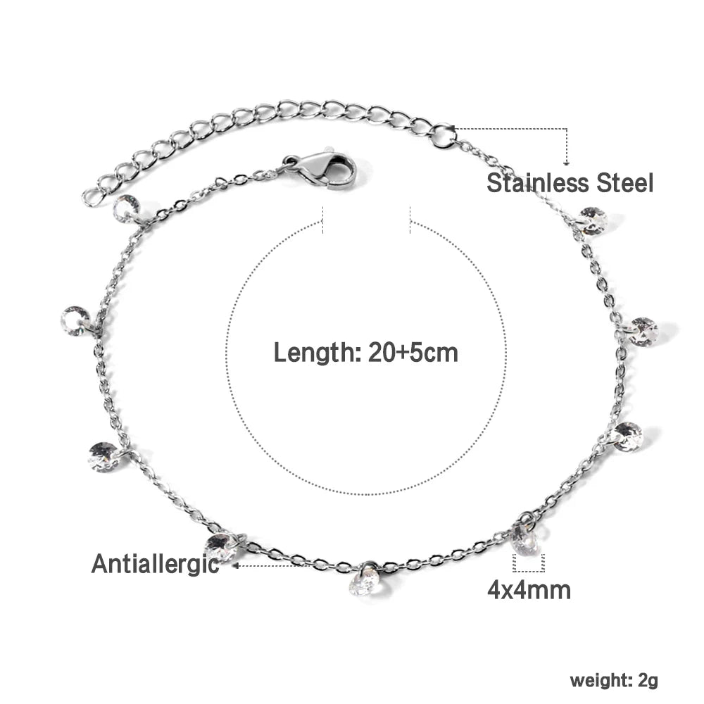 Stainless Steel Anklet for Women Cubic Zirconia Crystal Charm.